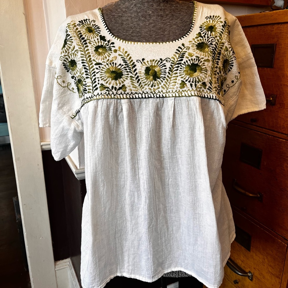 Embroidered White and Green Women's Top